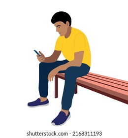 Portrait of a indian guy who sits on a bench with a phone in his hand, vector isolated on a white background, the guy looks at the smartphone