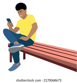 Portrait of a indian guy who sits on a bench with one leg crossed over the other, vector isolated on a white background, the guy looks at the smartphone