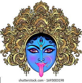 Portrait of Indian Hindi goddess Kali. Female blue head with open moth and out stuck tongue. Destroyer of evil forces. Diety, spiritual art. Occultism and witchcraft. Vector isolated illustration.