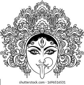 Portrait of Indian Hindi goddess Kali. Female head with open moth and out stuck tongue. Destroyer of evil forces. Diety, spiritual art. Occultism and witchcraft. Vector isolated illustration.