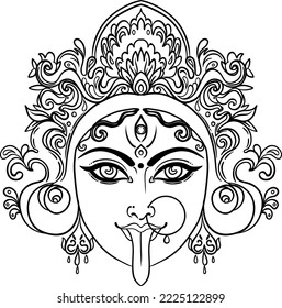 Portrait of Indian Hindi goddess Kali. Female blue head with open moth and out stuck tongue. Destroyer of evil forces. Diety, spiritual art. Occultism and witchcraft. Vector isolated illustration.