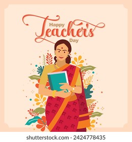 Portrait of an Indian lady teacher stands in a Floral and vibrant  background. Happy teacher's day greeting design. vector illustration.