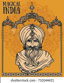 portrait of indian man in turban and traditional indian arch, vector illustration