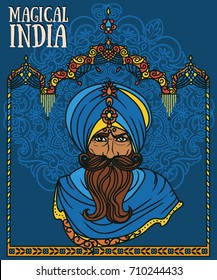 portrait of indian man in turban and traditional indian arch, vector illustration