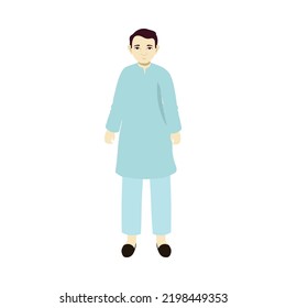 Retrato De Un Hombre Indio Con El Azul Kurta Pajama De Pie.