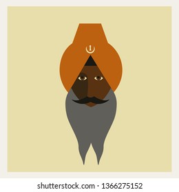 Portrait of Indian Sikh with a long beard wearing yellow turban, vector icon