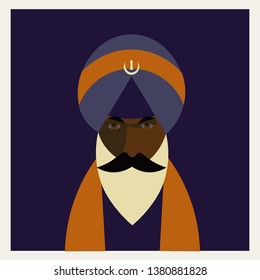 Portrait of Indian Sikh with a long beard wearing blue turban, vector icon
