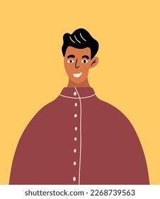 Portrait Indian teenager in national clothes. Profile portrait of male cartoon character. Avatar of Asian man. Diversity. Flat vector illustration isolated on background.