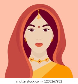 Portrait of an Indian woman in a sari. Female face. The head of the girl under the veil. Vector flat illustration