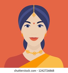 Portrait of Indian woman in a sari. Female face. Girl's head. Avatar. Vector flat illustration