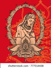 portrait of indian woman in traditional saree with beautiful frame, can be used as diwali fesival greeting card or as banner for hinduism religious organization, red color, vector illustration