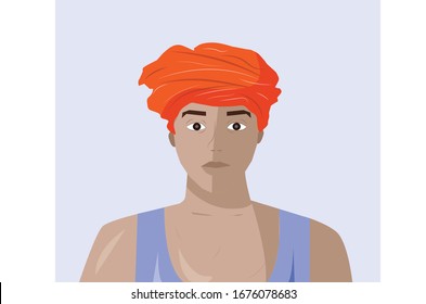 A portrait of Indian young boy farmer wearing red turban (pagdi) with blue vest. Flat vector illustration. 