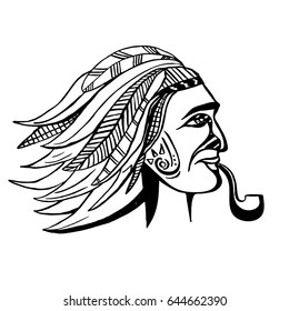 Portrait of an Injun made with a brush and ink. Indian with feather headdress. Vector illustration