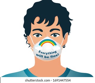 Portrait isolated man protecting herself with medical mask with written slogan social campaign - Everything will be fine - Coronavirus covid-19 concept. Respiratory protection. Close-up