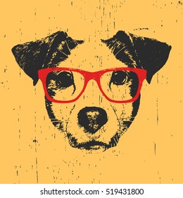 Retrato de Jack Russell con gafas. Ilustración hecha a mano. Diseño de pantalones T. Vector