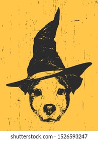 Portrait of Jack Russell with witch hat. Halloween illustration. Vector