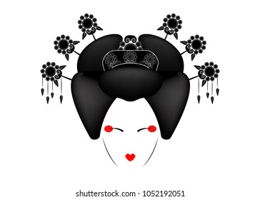 Portrait of Japanese or asian girl, traditional style with Japanese hairstyle, madama butterfly or Geisha Japanese culture, beautiful fashion vector illustration isolated or white background