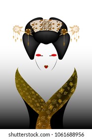 Portrait of Japanese or asian girl, traditional style with Japanese kimono, madama butterfly style. Chinese or Japanese hairstyle culture. Oriental fashion woman make up. Vector illustration