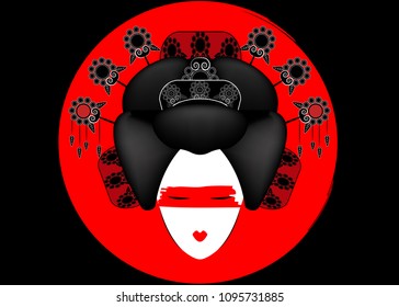 Portrait of Japanese or asian girl, traditional style with Japanese hairstyle, madama butterfly doll or Geisha Japanese culture, beautiful fashion vector illustration isolated or black background
