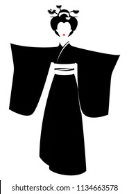 Portrait of Japanese or asian girl, traditional style with Japanese kimono, madama butterfly style. Traditional geisha black costume Kimono,  traditional dress, satin ethnic clothes. Vector isolated