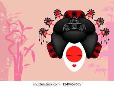 Portrait of Japanese or asian girl, traditional style with Japanese hairstyle, madama butterfly doll or Geisha Japanese culture, beautiful fashion vector isolated or pink bamboo background