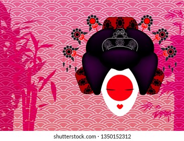 Portrait of Japanese or asian girl, traditional style with Japanese hairstyle, madama butterfly doll or Geisha Japanese culture, beautiful fashion vector isolated or pink bamboo background