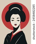 Portrait Japanese geisha in kimono. Traditional japanese woman design. Minimalistic contemporary poster. Wall art design. Vector stock