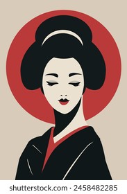 Portrait Japanese geisha in kimono. Traditional japanese woman design. Minimalistic contemporary poster. Wall art design. Vector stock