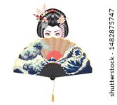 Portrait of japanese geisha woman with traditional fan design.