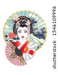Portrait of japanese geisha woman with traditional fan design.