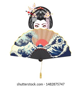 Portrait of japanese geisha woman with traditional fan design.