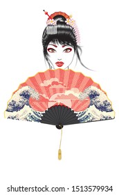 Portrait of japanese geisha woman with traditional fan design.