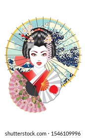 Portrait of japanese geisha woman with traditional fan design.