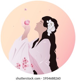 Portrait of japanese geisha woman with traditional cherry  flowers design. Portrait of a Japanese geisha woman  in kimono. Flat style vector illustration. Cute asian girl holding the sacura flowers.