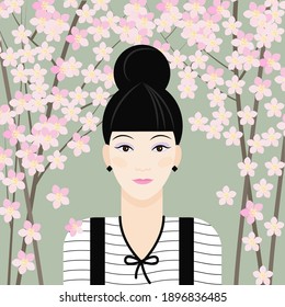portrait of a Japanese girl on a background of cherry blossoms. a young Japanese or Korean woman 
in modern black and white clothes is drawn in a flat cartoon style. stock vector illustration. EPS 10