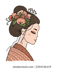 Portrait of Japanese woman with floral hairstyle. Geisha, maiko, princess. Print, poster, t-shirt, card. Vector illustration isolated on white