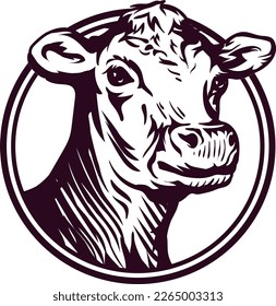 
Portrait of a Jersey cow in a circle. Vector engraving illustration