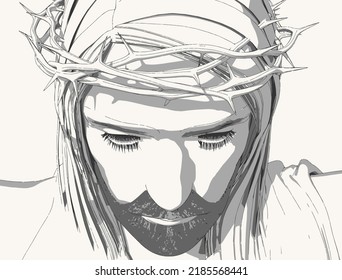 Portrait of Jesus Christ with crown of thorns. Biblical faith, gospel, salvation concept.