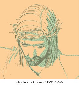 Portrait of Jesus Christ with crown of thorns. Biblical faith, gospel, salvation concept. Engraved effect