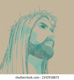 Portrait of Jesus Christ with crown of thorns. Biblical faith, gospel, salvation concept. Engraved effect