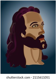Portrait of Jesus Christ with long curly hair, beautiful eyes staring at the sky, healthy fatless figure with background devine light.    