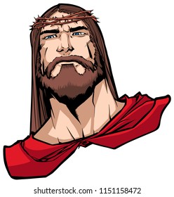 Portrait of Jesus Christ wearing red cape like a superhero, and looking at you with serious expression.