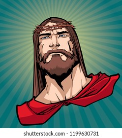 Portrait of Jesus Christ wearing red cape like a superhero, and looking at you with serious expression.