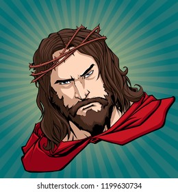 Portrait of Jesus Christ wearing red cape like a superhero, and looking at you with serious expression.