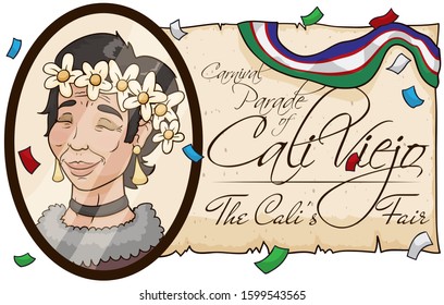 Portrait of Jovita, a symbol of Cali city culture, with commemorative scroll decorated with city flag and confetti to celebrate Carnival Parade of Cali Viejo in the Cali's Fair.