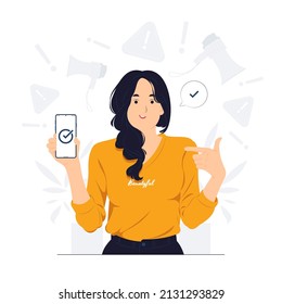 Portrait of a joyful businesswoman showing points with index finger at blank screen mobile phone tries to show something awesome concept illustration