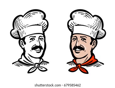Portrait of joyful chef or baker, logo. Label or icon for design menu restaurant or cafe. Vector illustration