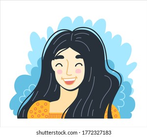 Portrait of joyful laughing girl. Happy young woman. Hand-drawn character, face, head, avatar. Vector isolated illustration.	
