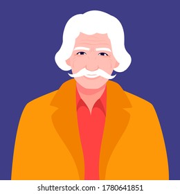 Portrait of a joyful old man with a mustache. Avatar happy grandfather. Social networks. Colorful vector illustration in flat cartoon style.