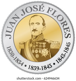 Portrait of Juan Jose Flores (1800 1864) in fantasy coin. He was the first president of the Republic of Ecuador - Vector image